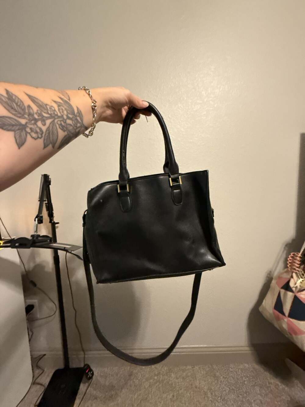 Forever 21 Black Faux Leather Satchel Handbag with Crossbody Strap